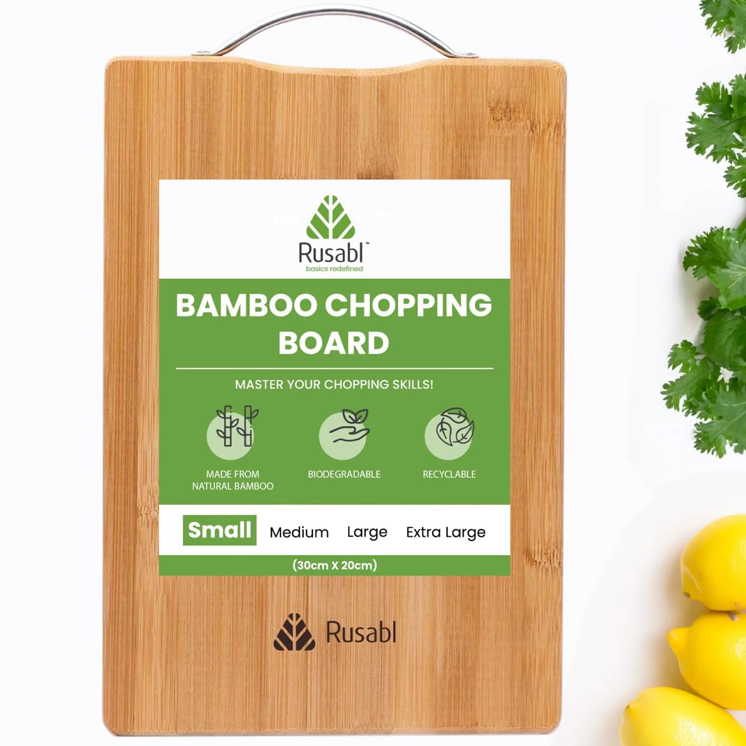 Rusabl Small Bamboo Wooden Chopping Board, Metal Handle, 30x20 cm, BPA Free Eco-