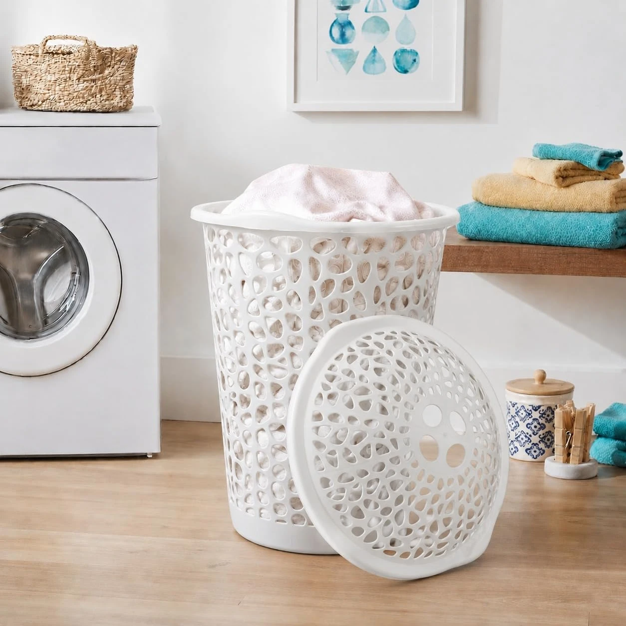 KITCHIVO™ Plastic Large 55 Ltr Laundry Basket with Lid & Handle | Multipurpose H